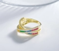 Detail of 925 silver cross ring with rainbow cubic zirconia and gold finish - US 6 / Gold Multi Zirconia