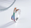Close-up of S925 sterling silver stamp on the rainbow gemstone crisscross ring - US 6 / Platinum Multi Zirconia