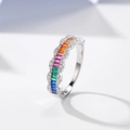 Rainbow wave ring with multi-color baguette stones and crystals in silver finish - US 6 / 0906 White Gold Color - Rainbow