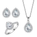 Elegantes 925er Sterlingsilber Schmuckset mit birnenförmigem Halo Anhänger Ohrringen und Ring - 925er Silber / 3-Teiliges Set Größe 6