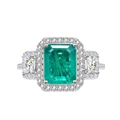 Ring aus 925er Silber mit smaragdgrünem Edelstein, Seitensteinen und Halo-Diamanten - US 6 / Smaragd