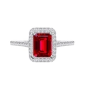 Luxury 925 sterling silver ring with emerald-cut red ruby and brilliant halo pavé - US 6 / Emerald Cut Red Zirconia
