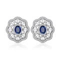 Oval royal blue sapphire earrings with halo of diamonds in 925 sterling silver - 925 Silver / Blue Rhinestone