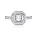Luxurious S925 sterling silver ring with square Asscher cut halo diamond in white gold finish - Silver / US 6