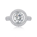 Luxurious S925 sterling silver halo ring with large round central diamond and pavé band - US 6