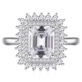 Elegant emerald cut rectangular diamond ring with double halo pavé setting in silver - US 6 / Silver