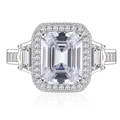 Elegant 925 sterling silver ring with emerald cut gemstone and halo side diamonds - US 6 / White