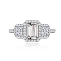 Elegante emerald geslepen ring met drie stenen, halo-zetting en micro-pave diamanten band - US 5 / Zilver