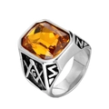 Mens Masonic signet ring in vintage stainless steel with large square yellow gemstone - Steel Yellow Zirconia