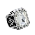 Macro detail of silver stainless steel ring with masonic symbols and clear rectangular stone - Steel Color White Zircon
