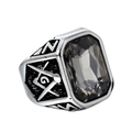 Detail of a Masonic signet ring with a smoky grey stone and engraved compass symbol - Silver Tone Gray Gem
