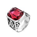 Macro detail of men's Masonic ring featuring a rectangular red gemstone and silver metal side - Steel Rose Red