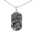 Detail of Aries zodiac necklace featuring a ram relief and black stones on a silver tag - Aries Pendant