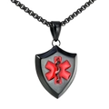 Black shield medical alert pendant necklace with red star of life on box chain - Single Pendant Black