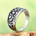 Vintage punk men titanium steel ring with intricate floral carvings and black enamel finish - US 7 / Silver