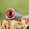 Vintage men's ring with red eyeball stone and tree of life engraving on silver band - US 7 / Steel Color Red Stone (Eye Pattern)