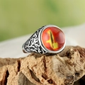 Vintage male ring with oval orange gemstone and wood branch texture on tree bark - US 7 / Steel Red Agate