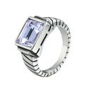 Vintage stainless steel ring featuring a rectangle emerald cut purple gemstone with grooved band - US 7 / Steel Color Purple Stone