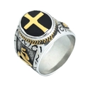 Anello retrò in acciaio inossidabile con faccia ovale nera e croce dorata su bianco - US 7 / Bicolore (Oro e Argento)