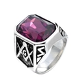 Men's stainless steel signet ring with rectangle purple gemstone and masonic symbol - Steel Color Purple Stone