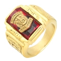 Macro detail of gold class ring with red stone, tiger emblem and 1973 engraving - US 7 / Gold Red