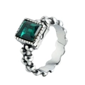 Vintage zilveren ring met vierkante groene edelsteen en kralen golfband textuur - Appelgroene Zirconia