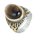 Retro Herrenring mit braunem Tigerauge-Stein und goldener Flammen-Gravur - US 7 / Bicolor Tigerauge Stein