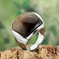 Anello minimalista con grande pietra occhio di gatto marrone su base di legno - US 7 / Color Acciaio Gemma Grigia