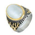 Vintage Punk Herrenring mit weißem Katzenaugenstein und goldenen Flammenmustern - US 7 / Zweifarbig Gold Weißer Diamant