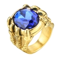 Makroansicht des goldenen Drachenkrallen-Rings mit großem ovalem blauem Edelstein - Gold Blauer Stein
