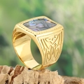Gold signet ring for men with rectangular abalone shell inlay and tribal carvings - US 7 / Gold