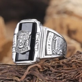 Men's vintage silver tiger head signet ring with rectangular black onyx stone - Steel Black