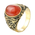Vintage men's titanium steel ring with oval reddish-brown stone and carved floral patterns - US 7 / Gold Red Rhinestone