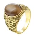 Detail of vintage gold-plated titanium ring with oval brown cat-eye stone and floral engraving - US 7 / Tiger Eye (Gold Color)