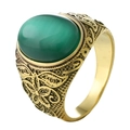 Macro detail of gold-plated floral carved ring with oval green cat eye gemstone - US 7 / Chrysoberyl