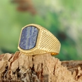 Vintage stainless steel ring for men with gold finish, lapis lazuli stone on wood bark - Gold Blue Stone