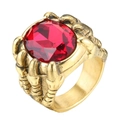 Goldener Edelstahlring im Drachenkrallen-Design mit großem facettiertem rotem Edelstein - Gold Roter Stein