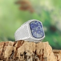 Vintage silver-tone stainless steel ring with rectangular blue lapis lazuli stone - US 7 / Silver Blue Stone