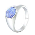 Macro detail of polished stainless steel signet ring with oval blue lapis lazuli stone - US 7 / Silver Lapis Lazuli