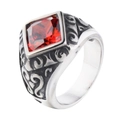 Anello vintage in acciaio con grande gemma rossa quadrata e incisioni barocche - US 7 / Acciaio Pietra Rossa