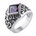 Anello vintage punk da uomo con grande gemma viola e fascia in acciaio inciso - US 7 / Colore Acciaio Pietra Viola