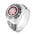 Vintage roestvrijstalen ring met rode edelsteen en leeuwenwapen gravure - US 7 / Zilver Rood