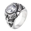 Punk style stainless steel cross skull ring with a large round cubic zirconia stone - US 7 / Silver White Zircon
