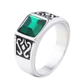 Vintage men's titanium steel ring with emerald green crystal and ornate floral engraving - US 7 / Green Stone