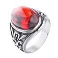 Anello vintage in acciaio inossidabile con grande pietra ovale rossa e motivi a foglia - US 7 / Acciaio Pietra Rossa