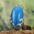 Pendente ovale con pietra occhio di gatto blu in montatura d'acciaio inox d'argento - Solo Pendente Senza Catena / Pietra Occhio di Gatto Blu (Ciondolo Solo - Colore Argento)