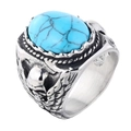 Vintage Edelstahlring mit ovalem Türkisstein und Totenkopf Flügel Gravur - US 7 / Türkis