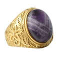 Vintage gold-plated titanium ring featuring a large oval purple gemstone and floral carvings - US 7 / Gold with Purple Zircon