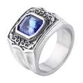 Anello vintage da uomo in acciaio al titanio con zircone blu quadrato e motivi incisi - US 7 / Argento Blu