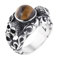 Anello teschio vintage in acciaio con pietra occhio di tigre e finitura argento antico - US 7 / Tono Acciaio Occhio di Tigre
